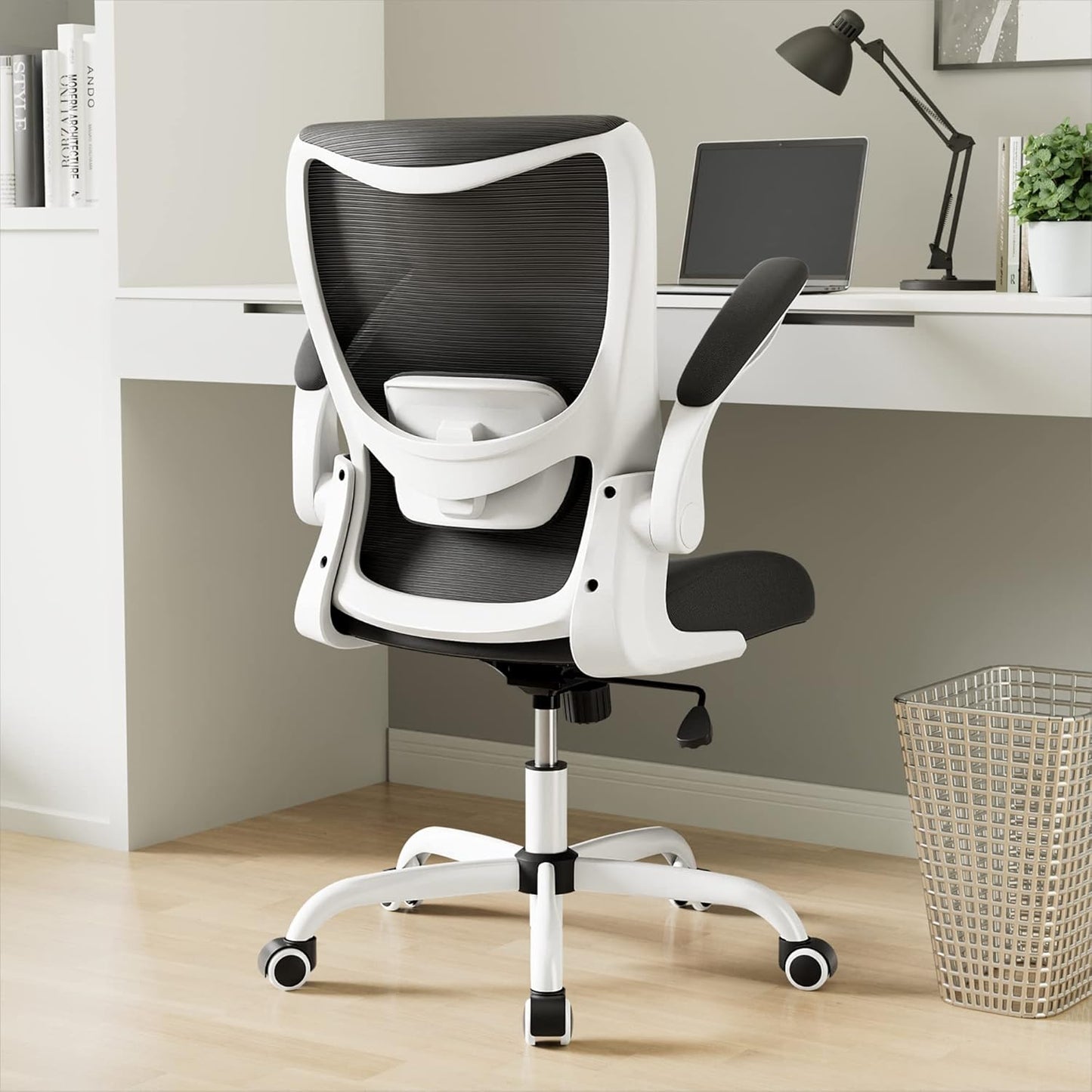 Office Chair, Ergonomic Desk Chair with Adjustable Lumbar Support and Flip up Armrest, Breathable Mesh Computer Chair for Home Office, Khaki