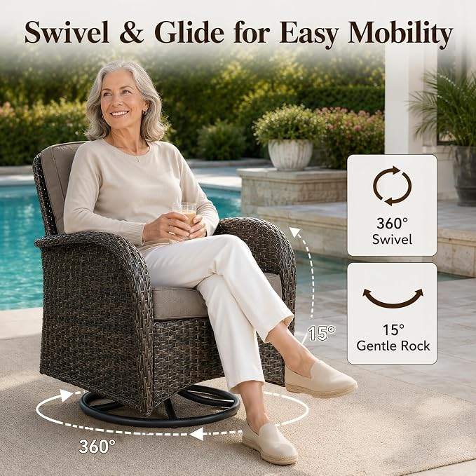 HUMMUH 3 Piece Wicker Patio Swivel Rocker Set with Table