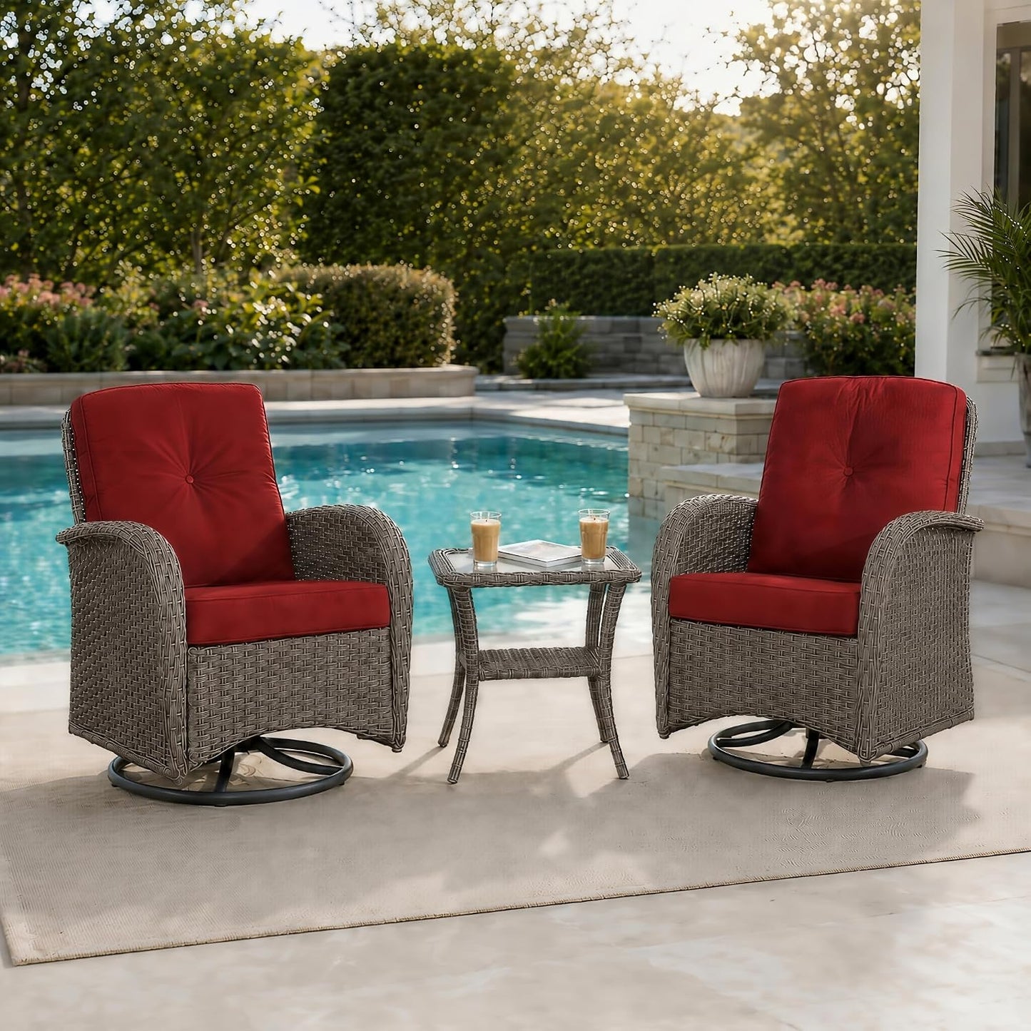 HUMMUH 3 Piece Wicker Patio Swivel Rocker Set with Table