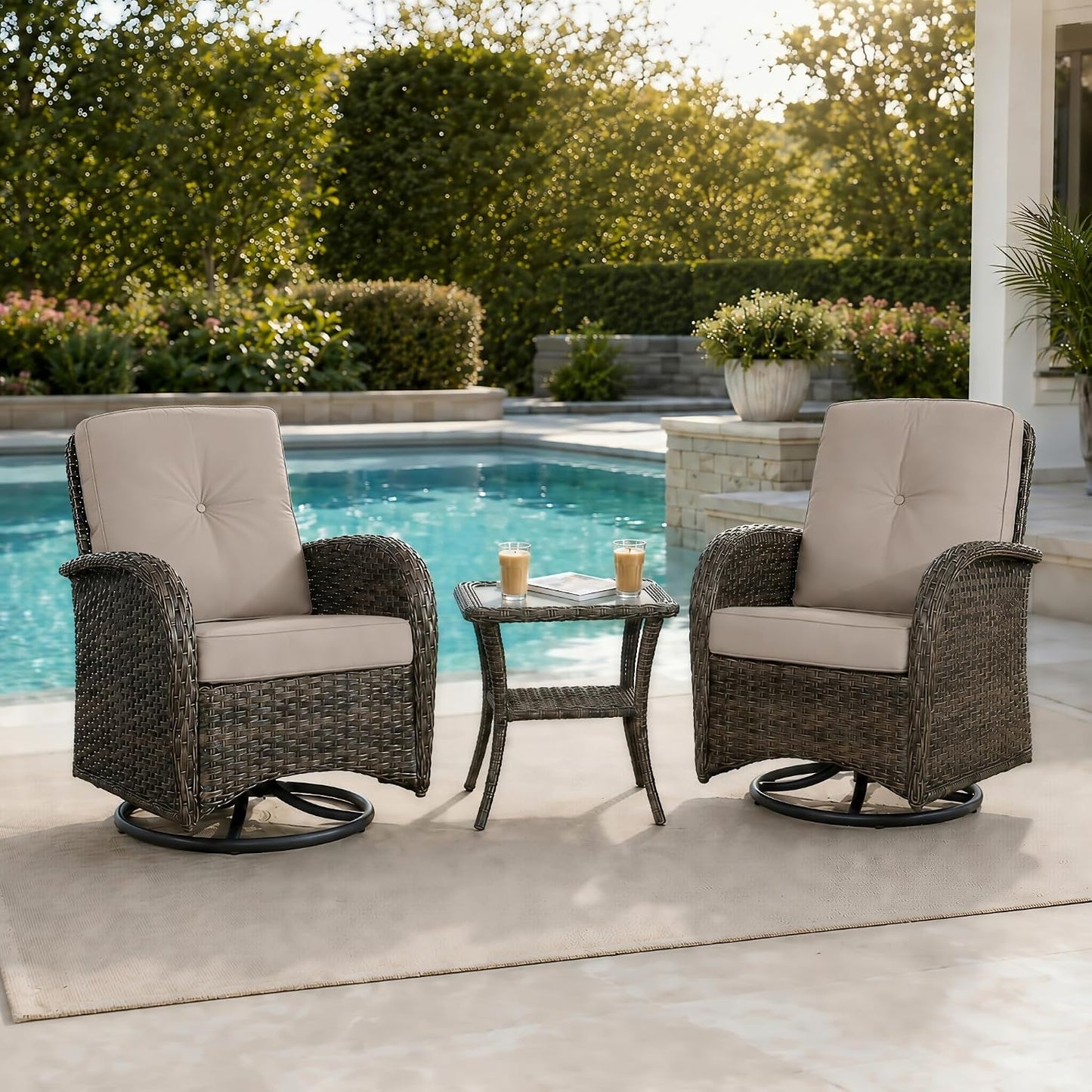 HUMMUH 3 Piece Wicker Patio Swivel Rocker Set with Table