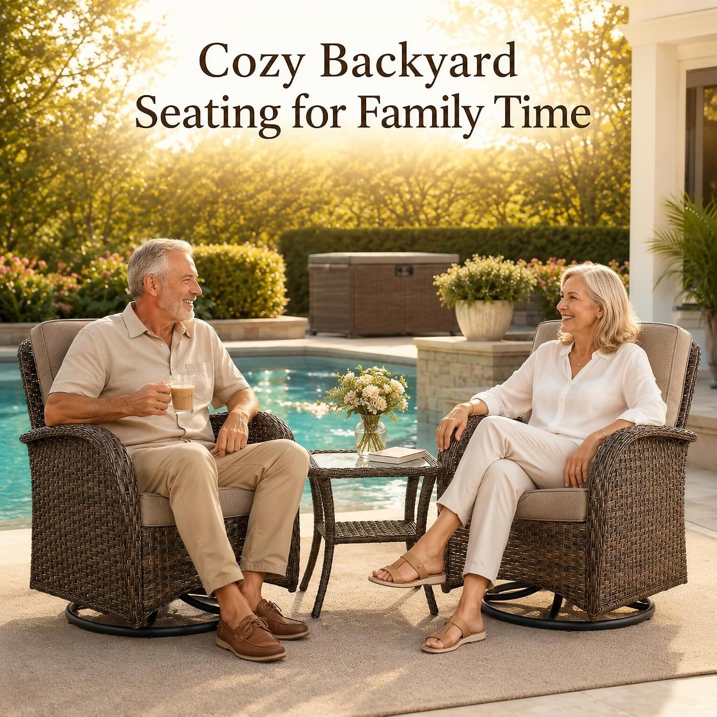 HUMMUH 3 Piece Wicker Patio Swivel Rocker Set with Table