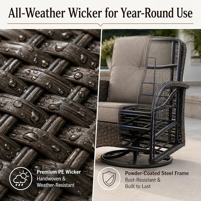 HUMMUH 3 Piece Wicker Patio Swivel Rocker Set with Table
