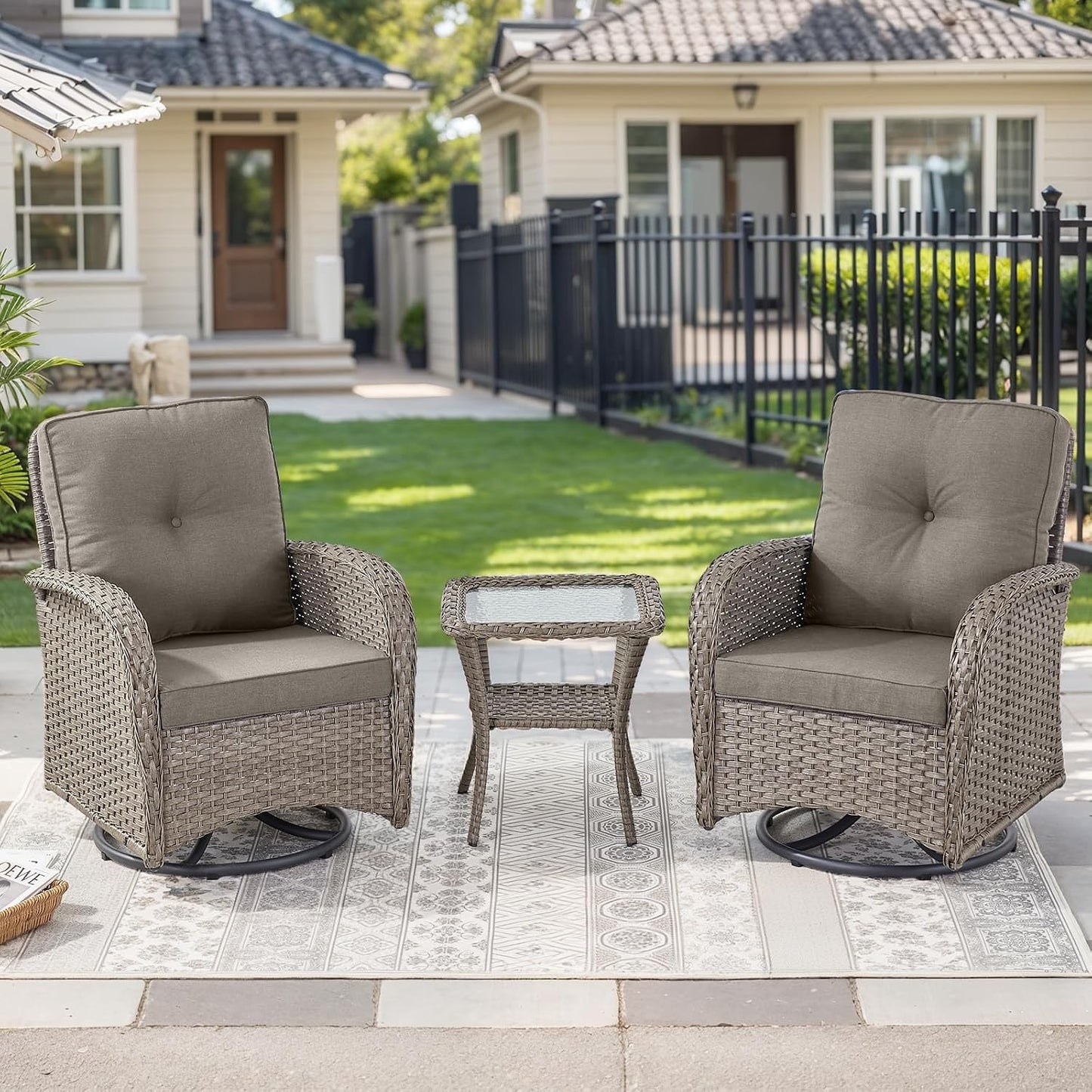 HUMMUH 3 Piece Wicker Patio Swivel Rocker Set with Table