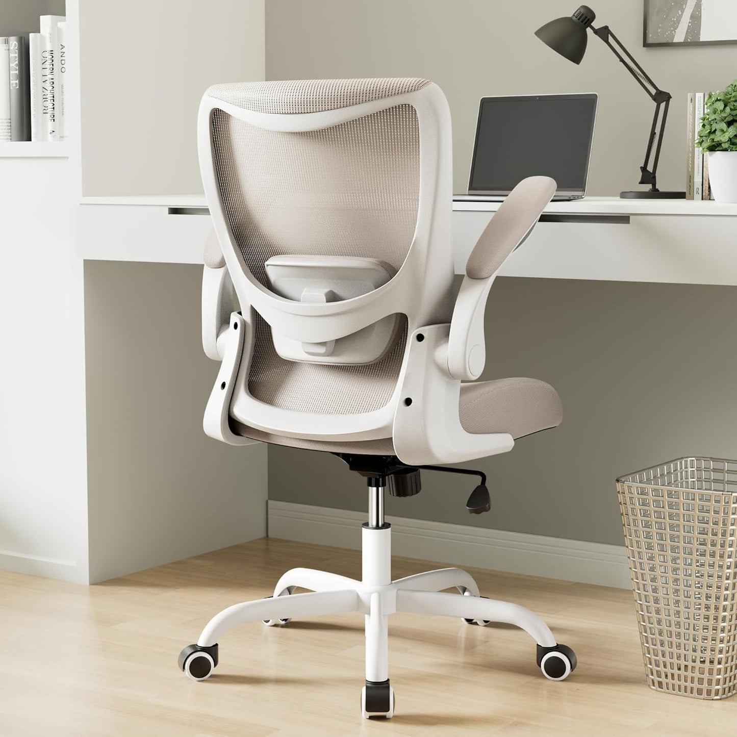 Office Chair, Ergonomic Desk Chair with Adjustable Lumbar Support and Flip up Armrest, Breathable Mesh Computer Chair for Home Office, Khaki