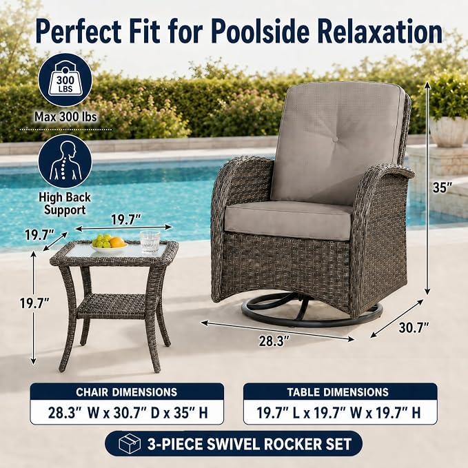HUMMUH 3 Piece Wicker Patio Swivel Rocker Set with Table