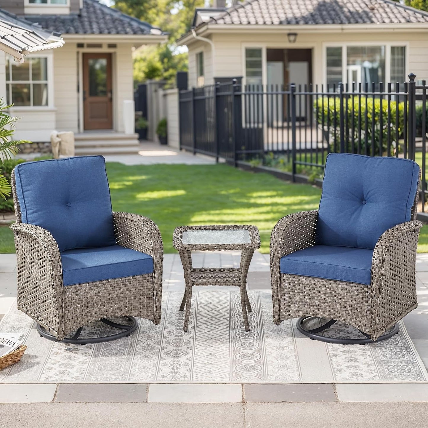 HUMMUH 3 Piece Wicker Patio Swivel Rocker Set with Table