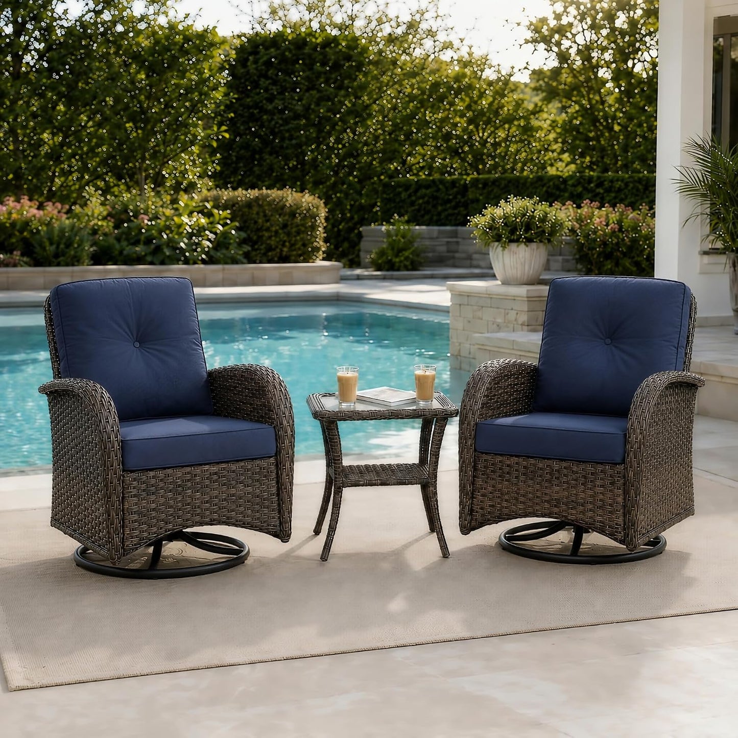 HUMMUH 3 Piece Wicker Patio Swivel Rocker Set with Table