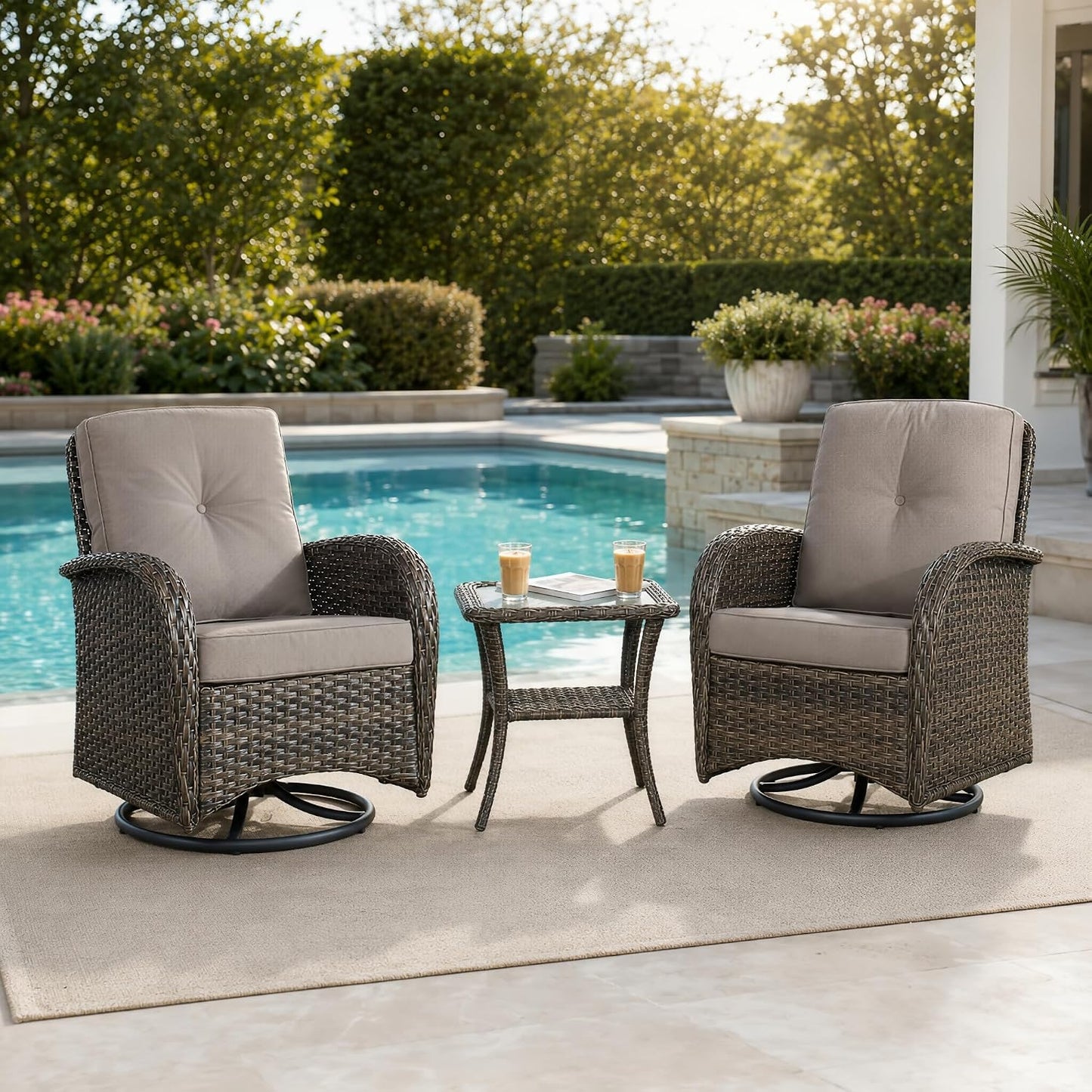HUMMUH 3 Piece Wicker Patio Swivel Rocker Set with Table