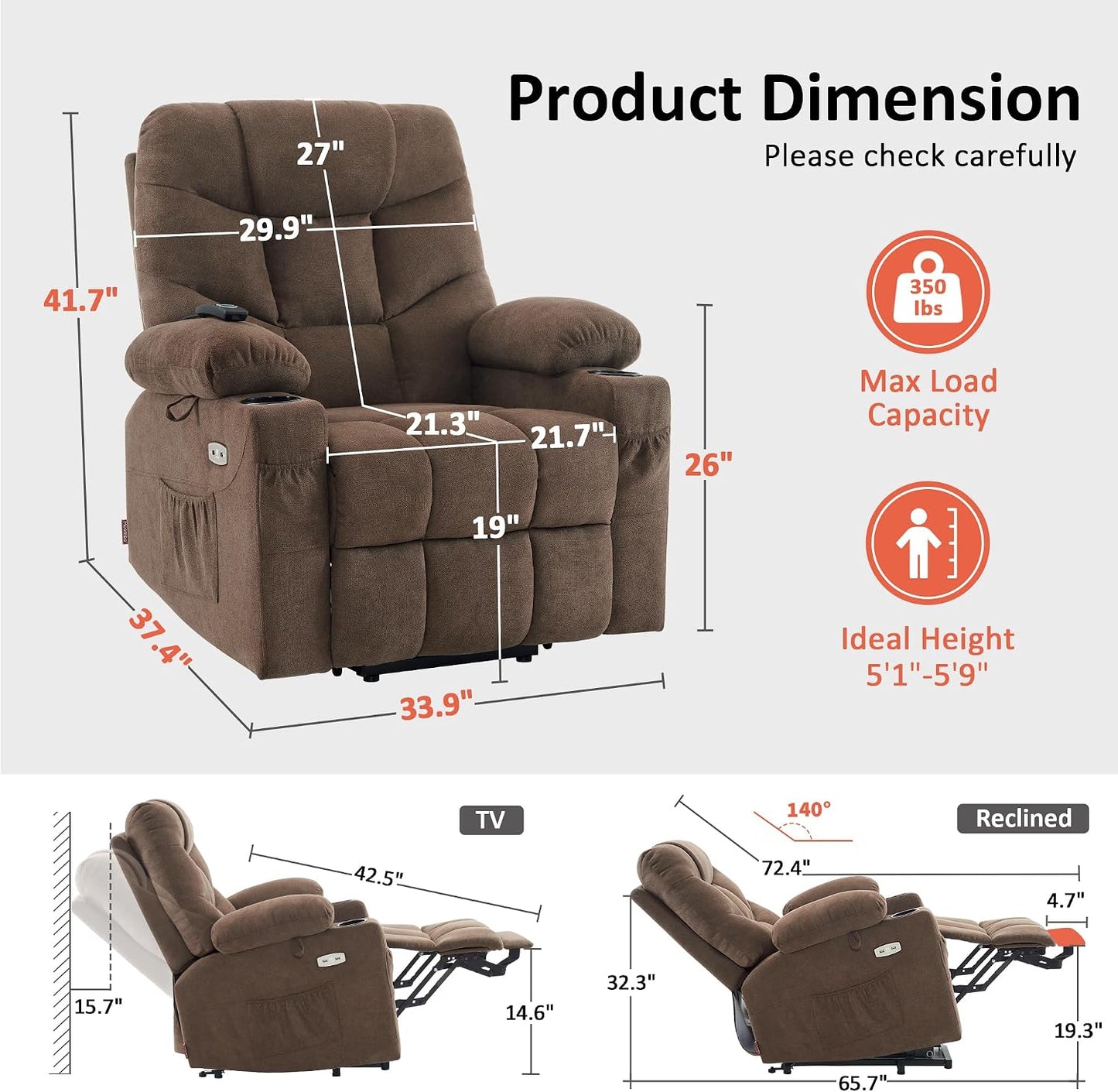 Power Lift Recliner Chair for Elderly,  Assist with Standing, 140° Recline, 4.7" Extra Footrest, USB/Type-C ports, Cup Holder, Easy Assembly, FSC Certified