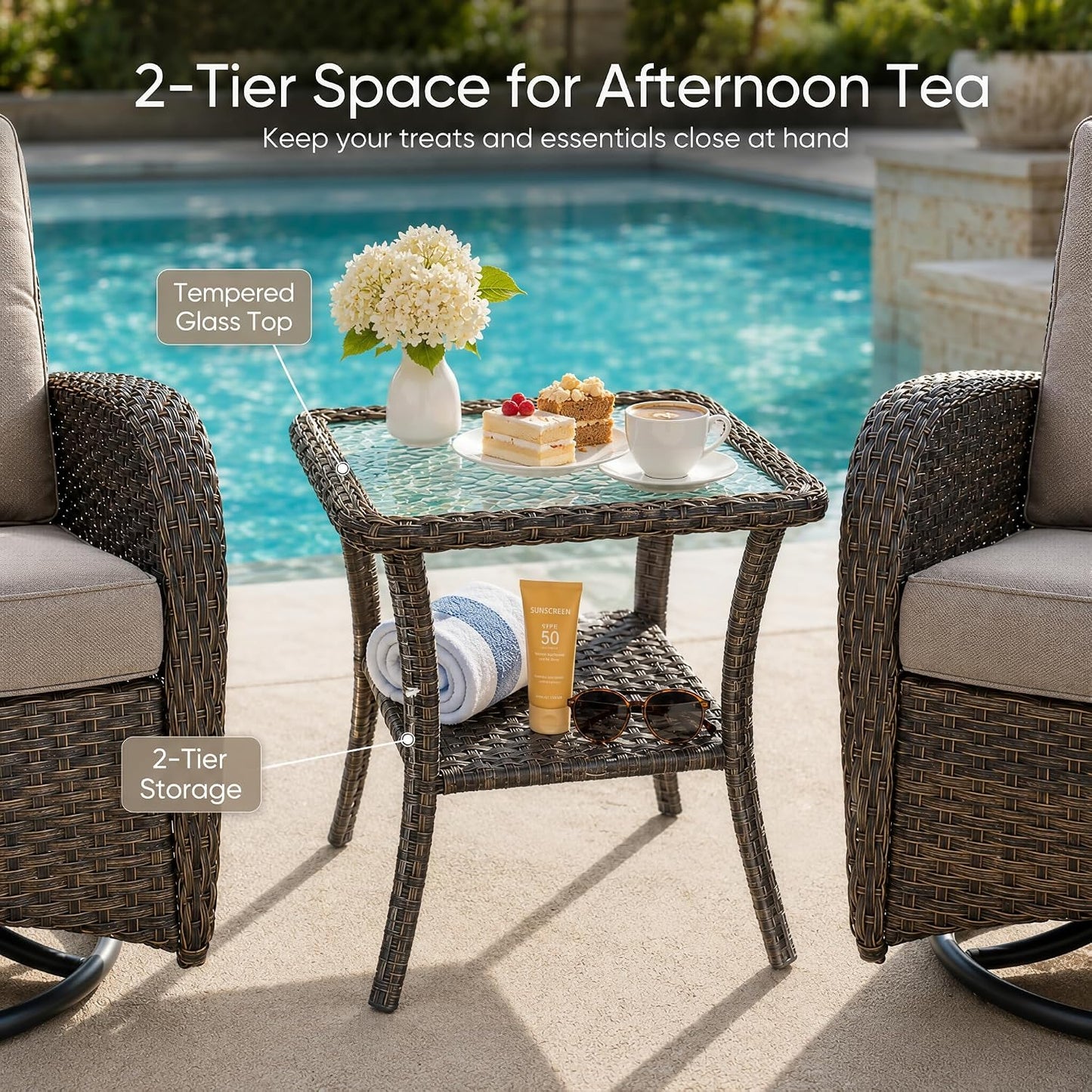 HUMMUH 3 Piece Wicker Patio Swivel Rocker Set with Table